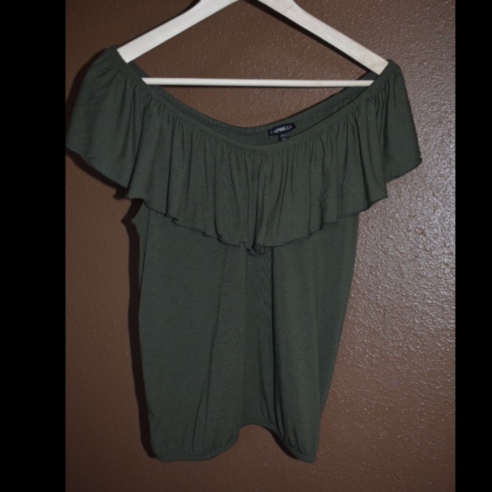 Express Off The Shoulders Olive Green Top - Picture 2 of 4
